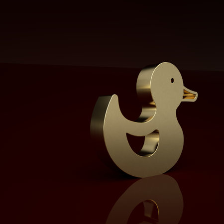 Gold Rubber duck icon isolated on brown background. Minimalism concept. 3D render illustrationの写真素材