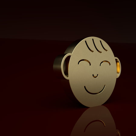 Gold Happy little boy head icon isolated on brown background. Face of baby boy. Minimalism concept. 3D render illustrationの写真素材