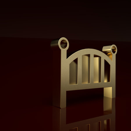 Gold Baby crib cradle bed icon isolated on brown background. Minimalism concept. 3D render illustrationの写真素材