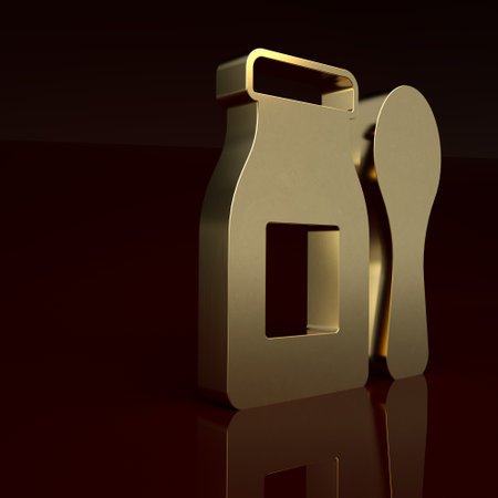 Gold Drinking yogurt in bottle with spoon icon isolated on brown background. Baby food. Minimalism concept. 3D render illustrationの写真素材