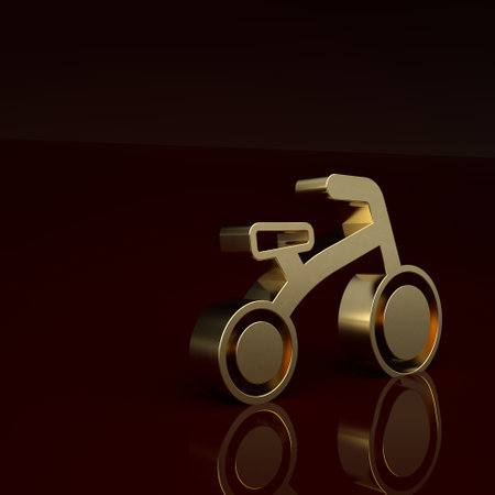 Gold Bicycle for kids icon isolated on brown background. Minimalism concept. 3D render illustrationの写真素材