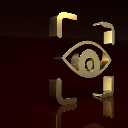 Gold Eye scan icon isolated on brown background. Scanning eye. Security check symbol. Cyber eye sign. Minimalism concept. 3D render illustrationの写真素材