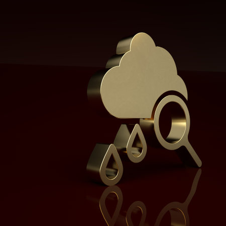 Gold Cloud with rain icon isolated on brown background. Rain cloud precipitation with rain drops. Minimalism concept. 3D render illustrationの写真素材