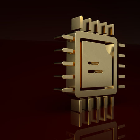 Gold Computer processor with microcircuits CPU icon isolated on brown background. Chip or cpu with circuit board. Micro processor. Minimalism concept. 3D render illustrationの写真素材