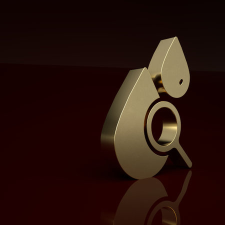 Gold Drop and magnifying glass icon isolated on brown background. Minimalism concept. 3D render illustrationの写真素材