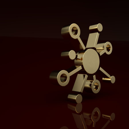 Gold Molecule icon isolated on brown background. Structure of molecules in chemistry, science teachers innovative educational poster. Minimalism concept. 3D render illustrationの写真素材