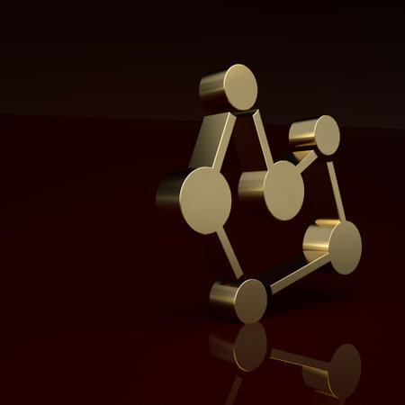 Gold Chemical formula icon isolated on brown background. Abstract hexagon for innovation medicine, health, research and science. Minimalism concept. 3D render illustrationの写真素材