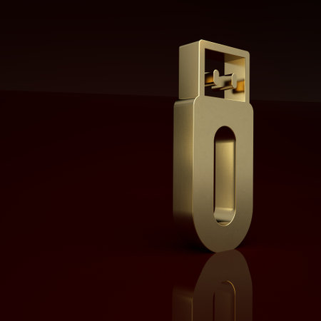 Gold USB flash drive icon isolated on brown background. Minimalism concept. 3D render illustrationの写真素材