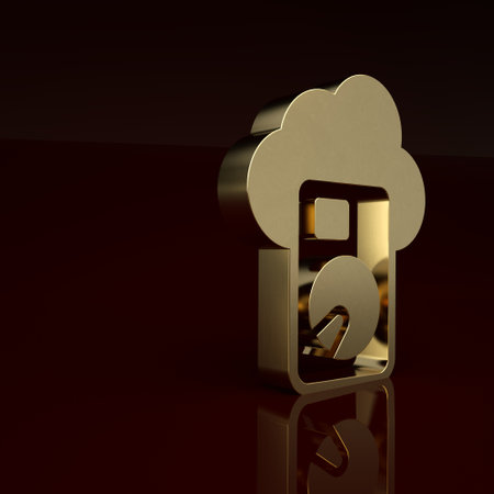 Gold Cloud database icon isolated on brown background. Cloud computing concept. Digital service or app with data transferring. Minimalism concept. 3D render illustrationの写真素材