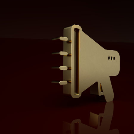 Gold Megaphone icon isolated on brown background. Speaker sign. Minimalism concept. 3D render illustrationの写真素材