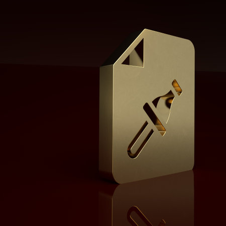 Gold Note paper with pinned pushbutton icon isolated on brown background. Memo paper sign. Minimalism concept. 3D render illustrationの写真素材