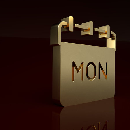 Gold Calendar icon isolated on brown background. Event reminder symbol. Minimalism concept. 3D render illustrationの写真素材