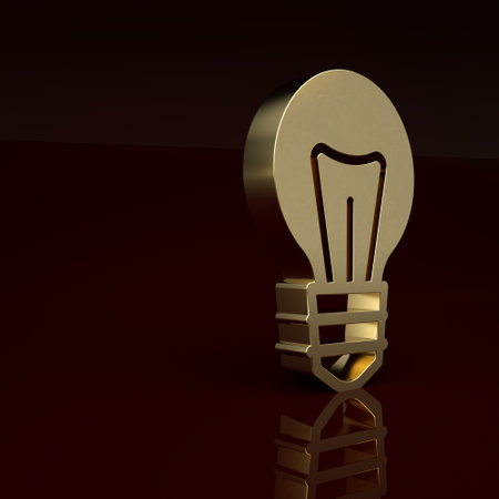 Gold Light bulb with concept of idea icon isolated on brown background. Energy and idea symbol. Inspiration concept. Minimalism concept. 3D render illustrationの写真素材