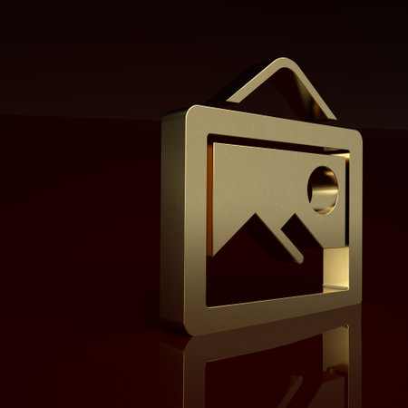 Gold Picture landscape icon isolated on brown background. Minimalism concept. 3D render illustrationの写真素材
