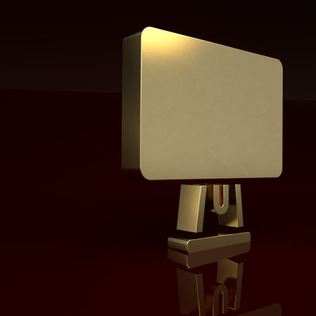 Gold Computer monitor screen icon isolated on brown background. Electronic device. Front view. Minimalism concept. 3D render illustrationの写真素材