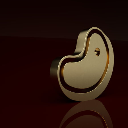Gold Steak meat icon isolated on brown background. Minimalism concept. 3D render illustrationの写真素材