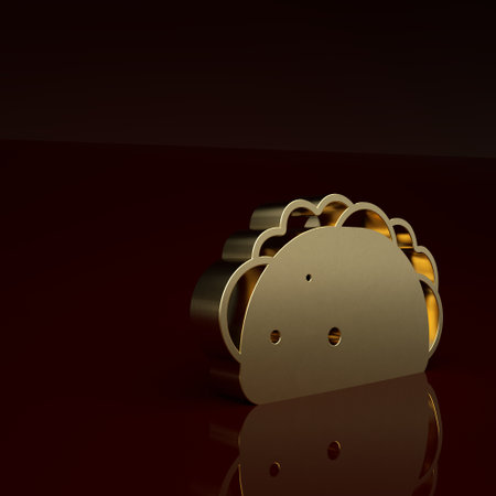 Gold Taco with tortilla icon isolated on brown background. Traditional mexican fast food menu. Minimalism concept. 3D render illustrationの写真素材