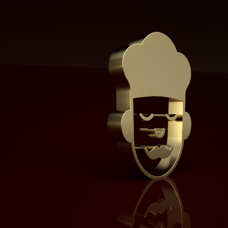 Gold Cook icon isolated on brown background. Chef symbol. Minimalism concept. 3D render illustrationの写真素材