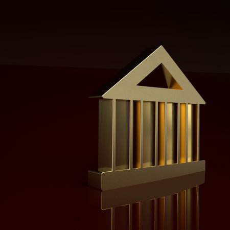 Gold Bank building icon isolated on brown background. Minimalism concept. 3D render illustrationの写真素材