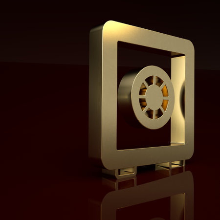 Gold Safe icon isolated on brown background. The door safe a bank vault with a combination lock. Reliable Data Protection. Minimalism concept. 3D render illustrationの写真素材