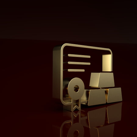 Gold Gold bars with certificate icon isolated on brown background. Banking business concept. Minimalism concept. 3D render illustrationの写真素材