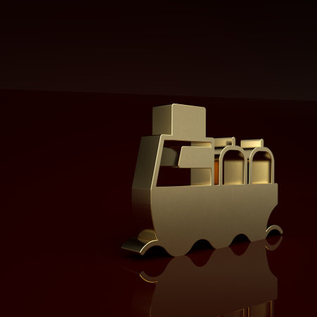 Gold Oil tanker ship icon isolated on brown background. Minimalism concept. 3D render illustrationの写真素材