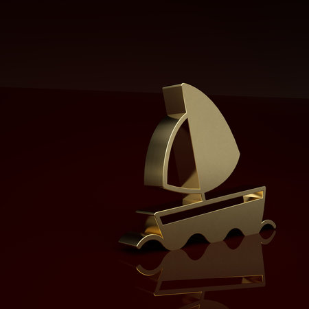 Gold Yacht sailboat or sailing ship icon isolated on brown background. Sail boat marine cruise...