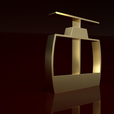 Gold Cable car icon isolated on brown background. Funicular sign. Minimalism concept. 3D render illustrationの写真素材