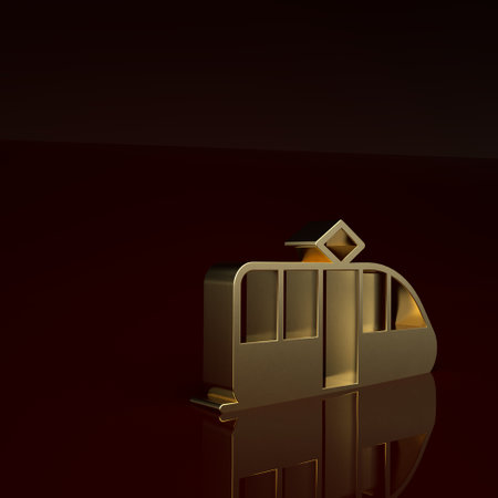 Gold Tram and railway icon isolated on brown background. Public transportation symbol. Minimalism concept. 3D render illustrationの写真素材