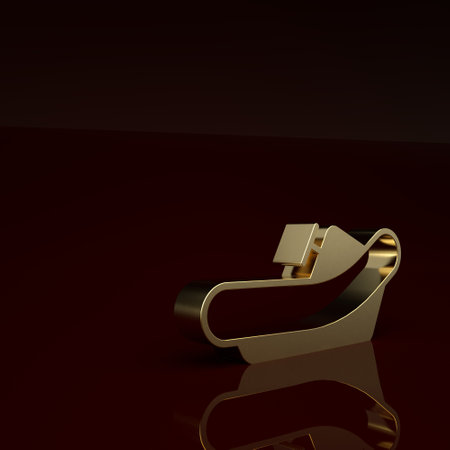 Gold Rafting boat icon isolated on brown background. Inflatable boat with paddles. Water sports, extreme sports, holiday, vacation. Minimalism concept. 3D render illustrationの写真素材