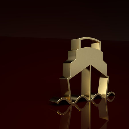 Gold Cruise ship in ocean icon isolated on brown background. Cruising the world. Minimalism concept. 3D render illustrationの写真素材