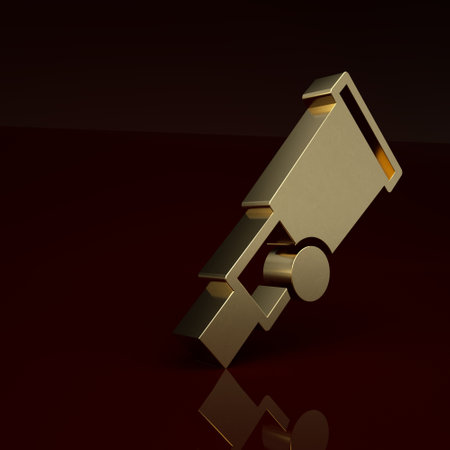 Gold Telescope icon isolated on brown background. Scientific tool. Education and astronomy element, spyglass and study stars. Minimalism concept. 3D render illustrationの写真素材