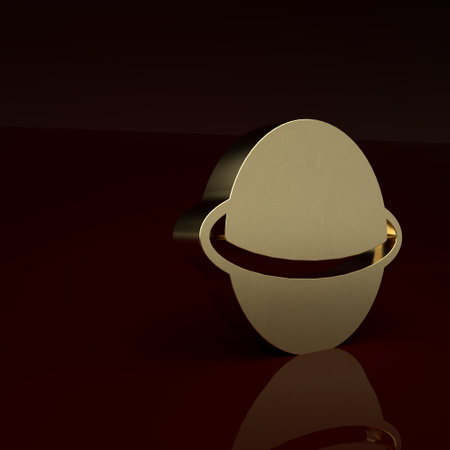 Gold Planet Saturn with planetary ring system icon isolated on brown background. Minimalism concept. 3D render illustrationの写真素材