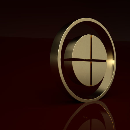 Gold Earth globe icon isolated on brown background. World or Earth sign. Global internet symbol. Geometric shapes. Minimalism concept. 3D render illustrationの写真素材