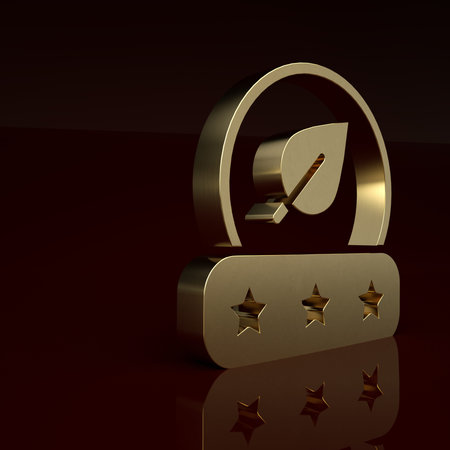 Gold Tea leaf icon isolated on brown background. Tea leaves. Minimalism concept. 3D render...