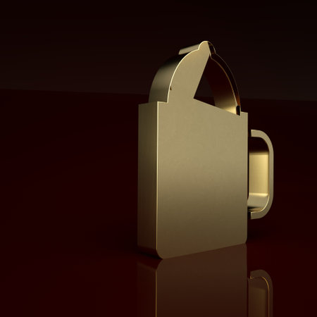 Gold Cup of tea with lemon icon isolated on brown background. Minimalism concept. 3D render illustrationの写真素材