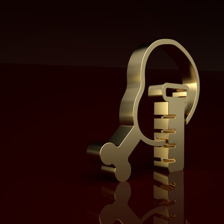 Gold Genetically modified chicken icon isolated on brown background. Syringe being injected to chicken. Minimalism concept. 3D render illustrationの写真素材