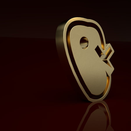 Gold No meat icon isolated on brown background. No fast food allowed - vegetarian food. Minimalism concept. 3D render illustrationの写真素材
