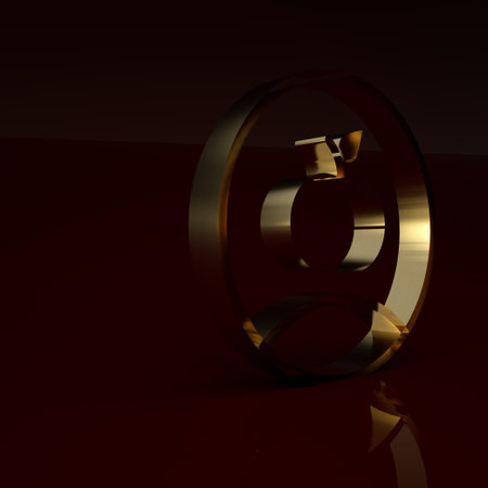 Gold Apple icon isolated on brown background. Excess weight. Healthy diet menu. Fitness diet apple. Minimalism concept. 3D render illustrationの写真素材