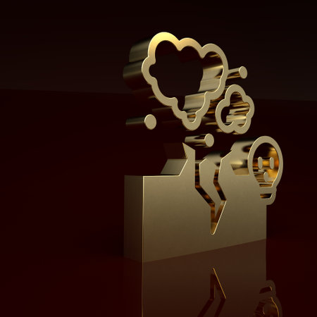 Gold Poisonous cloud of gas or smoke icon isolated on brown background. Stink bad smell, smoke or poison gases, chemical toxic vapour. Minimalism concept. 3D render illustrationの写真素材