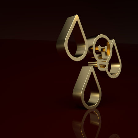 Gold Acid rain and radioactive cloud icon isolated on brown background. Effects of toxic air pollution on the environment. Minimalism concept. 3D render illustrationの写真素材