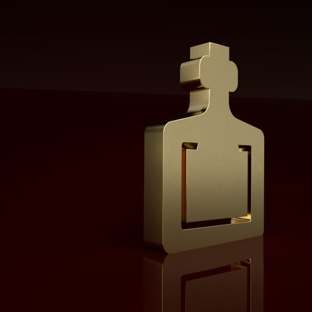 Gold Bottle with potion icon isolated on brown background. Flask with magic potion. Happy Halloween...