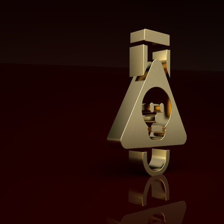 Gold Bottle with potion icon isolated on brown background. Flask with magic potion. Happy Halloween party. Minimalism concept. 3D render illustrationの写真素材