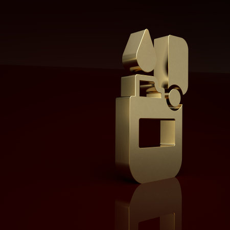 Gold Lighter icon isolated on brown background. Minimalism concept. 3D render illustrationの写真素材