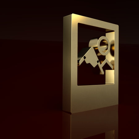 Gold Photo frame icon isolated on brown background. Vintage empty photos frame. Minimalism concept. 3D render illustrationの写真素材