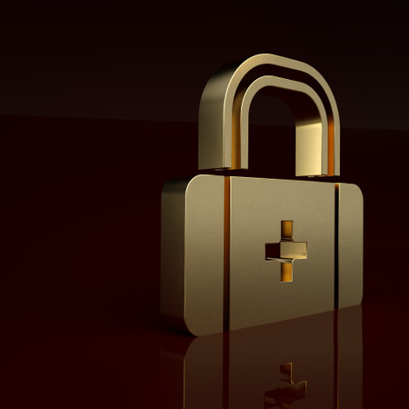 Gold First aid kit icon isolated on brown background. Medical box with cross. Medical equipment for emergency. Healthcare concept. Minimalism concept. 3D render illustrationの写真素材