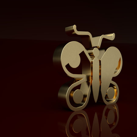 Gold Butterfly icon isolated on brown background. Minimalism concept. 3D render illustrationの写真素材