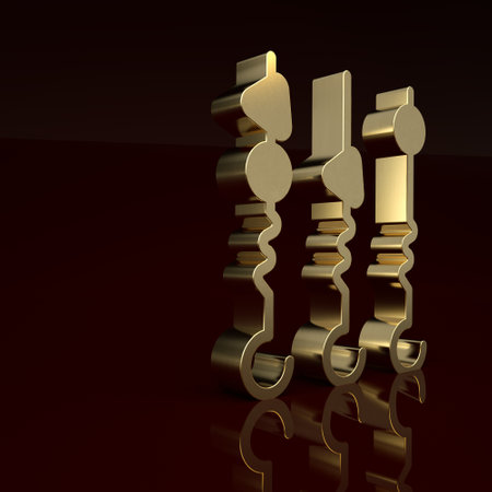 Gold Grilled shish kebab on skewer stick icon isolated on brown background. Meat kebab on skewer stick. Picnic with grilled meat. Minimalism concept. 3D render illustrationの写真素材