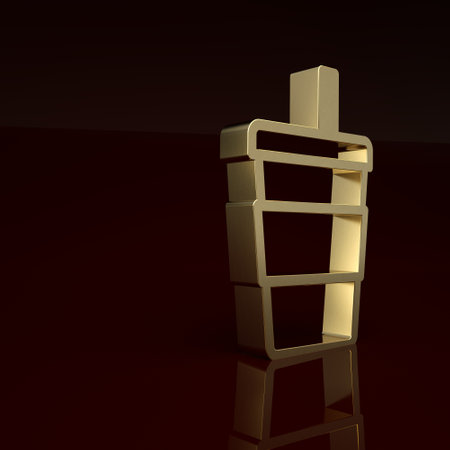 Gold Paper glass with drinking straw and water icon isolated on brown background. Soda drink glass. Fresh cold beverage symbol. Minimalism concept. 3D render illustrationの写真素材