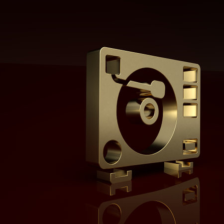 Gold Vinyl player with a vinyl disk icon isolated on brown background. Minimalism concept. 3D render illustrationの写真素材